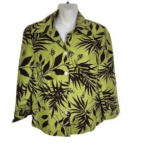Savvy By Rafael Women Jacket Size 6 Floral Linen Silk Button Up 3/4 Sleeve Green